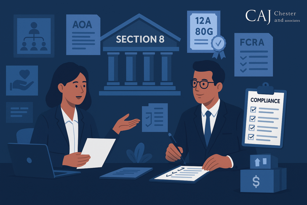 Two professionals registering a Section 8 Company in India with paperwork, GST, 80G, 12A, and CSR compliance – 2025 nonprofit legal guide illustration