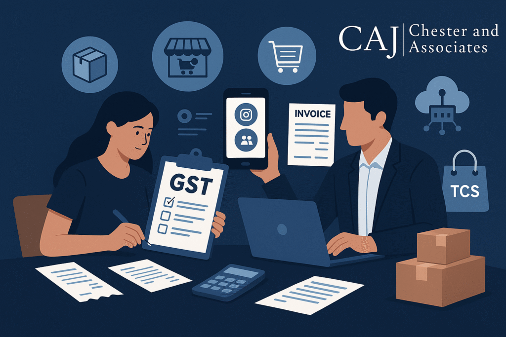 Illustration of online sellers managing GST registration, invoicing, and compliance for platforms like Amazon, Flipkart, and Instagram in India 2025.